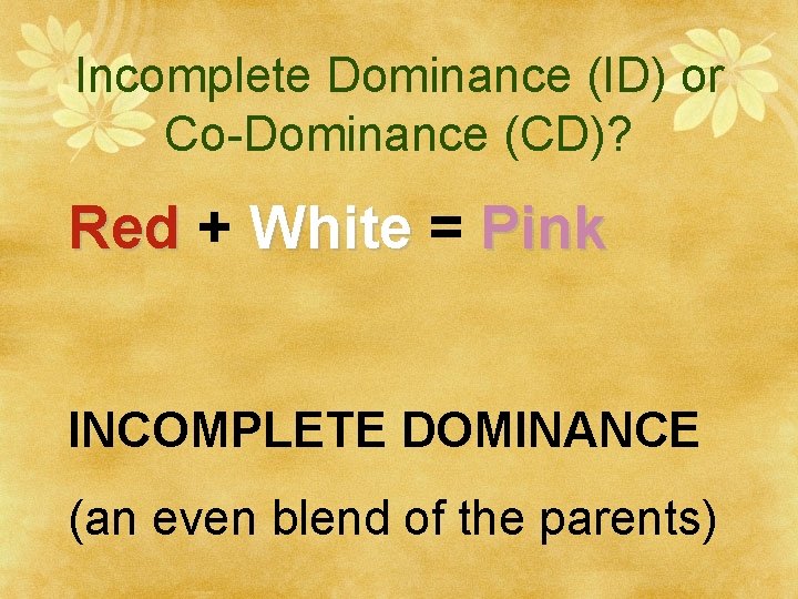 Incomplete Dominance (ID) or Co-Dominance (CD)? Red + White = Pink INCOMPLETE DOMINANCE (an