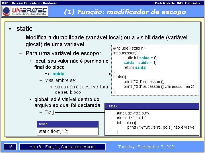 DHD – Desenvolvimento em Hardware Prof. Frederico Brito Fernandes (1) Função: modificador de escopo