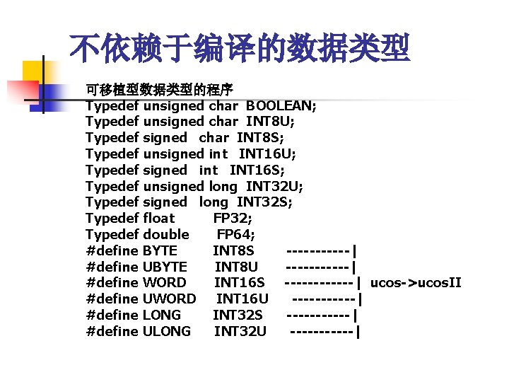 不依赖于编译的数据类型 可移植型数据类型的程序 Typedef unsigned char BOOLEAN; Typedef unsigned char INT 8 U; Typedef signed