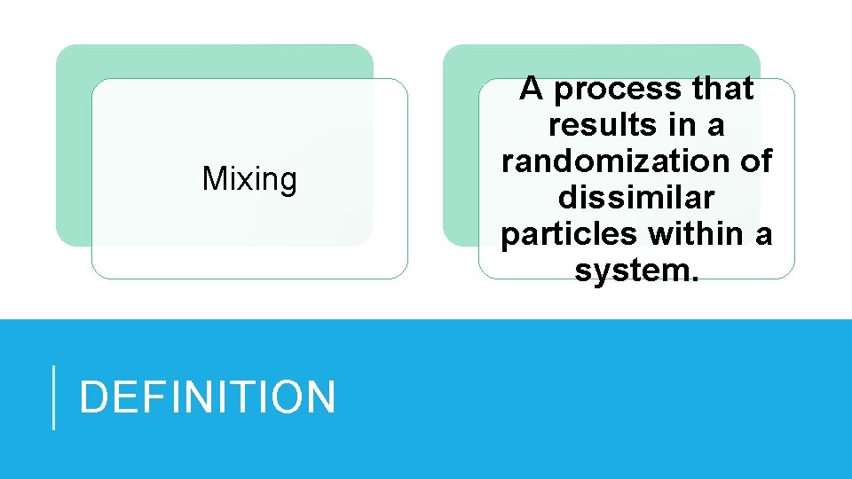 Mixing DEFINITION A process that results in a randomization of dissimilar particles within a