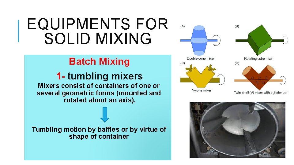 EQUIPMENTS FOR SOLID MIXING Batch Mixing 1 - tumbling mixers Mixers consist of containers