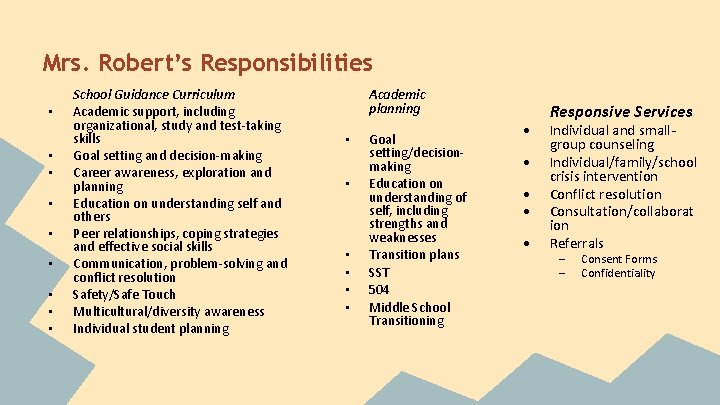 Mrs. Robert’s Responsibilities • • • School Guidance Curriculum Academic support, including organizational, study