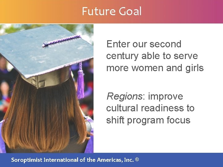 Future Goal Enter our second century able to serve more women and girls Regions: