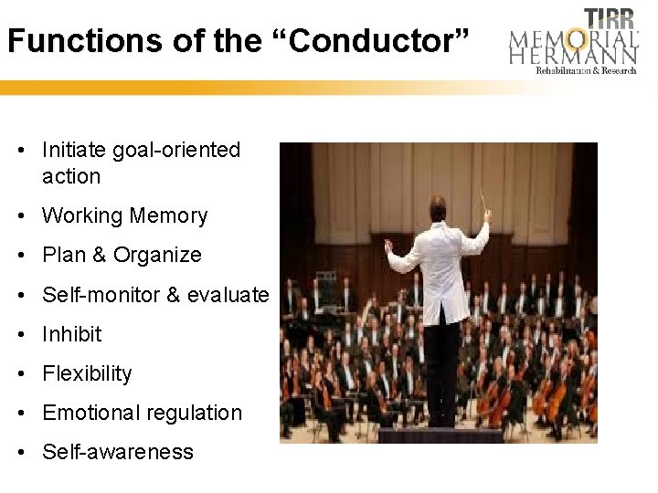 Functions of the “Conductor” • Initiate goal-oriented action • Working Memory • Plan &