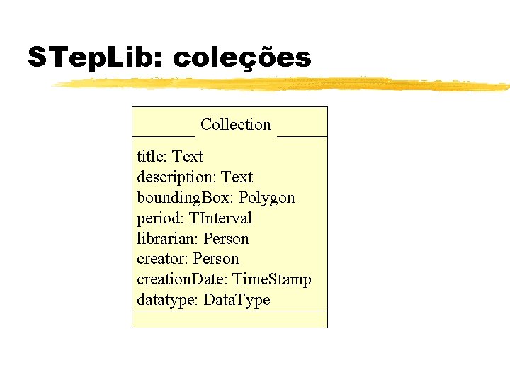 STep. Lib: coleções Collection title: Text description: Text bounding. Box: Polygon period: TInterval librarian: