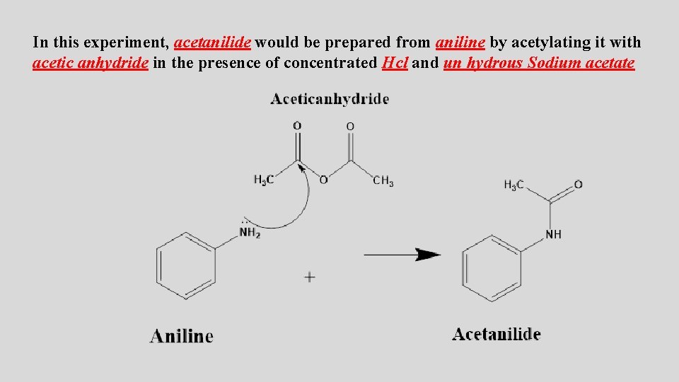 In this experiment, acetanilide would be prepared from aniline by acetylating it with acetic