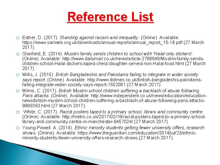 Reference List � � � Esther, D. (2017). Standing against racism and inequality. (Online).