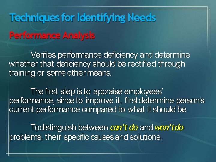 Techniques for Identifying Needs Performance Analysis Verifies performance deficiency and determine whether that deficiency