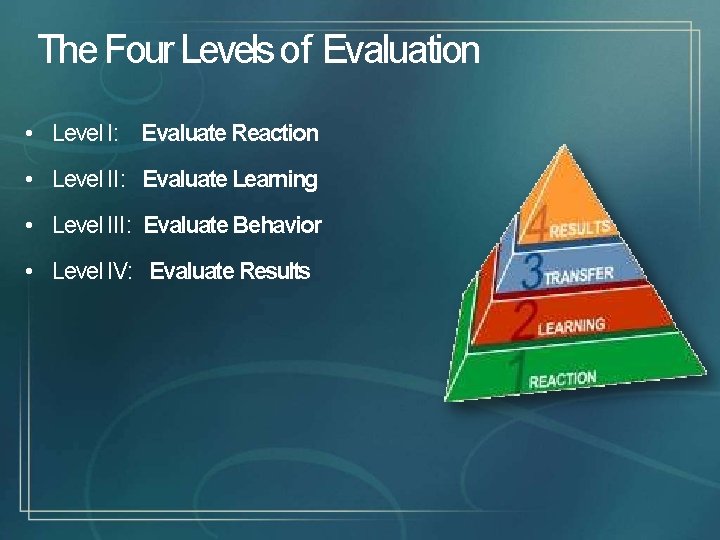 The Four Levels of Evaluation • Level I: Evaluate Reaction • Level II: Evaluate