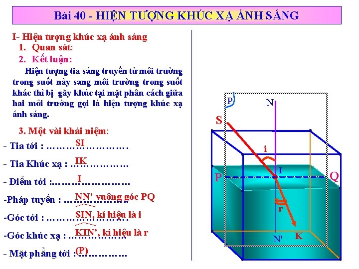 Bài 40 - HIỆN TƯỢNG KHÚC XẠ ÁNH SÁNG I- Hiện tượng khúc xạ