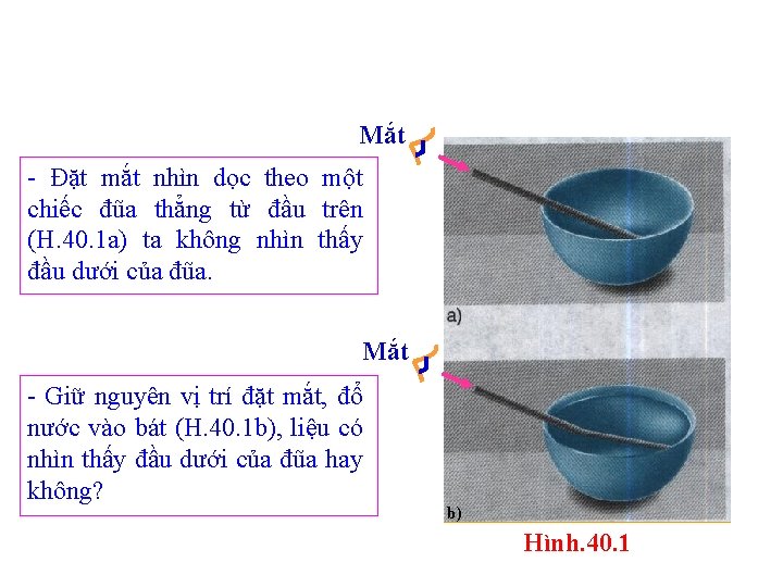 Mắt - Đặt mắt nhìn dọc theo một chiếc đũa thẳng từ đầu trên