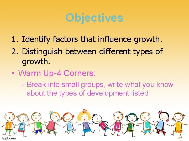 Objectives 1. Identify factors that influence growth. 2. Distinguish between different types of growth.