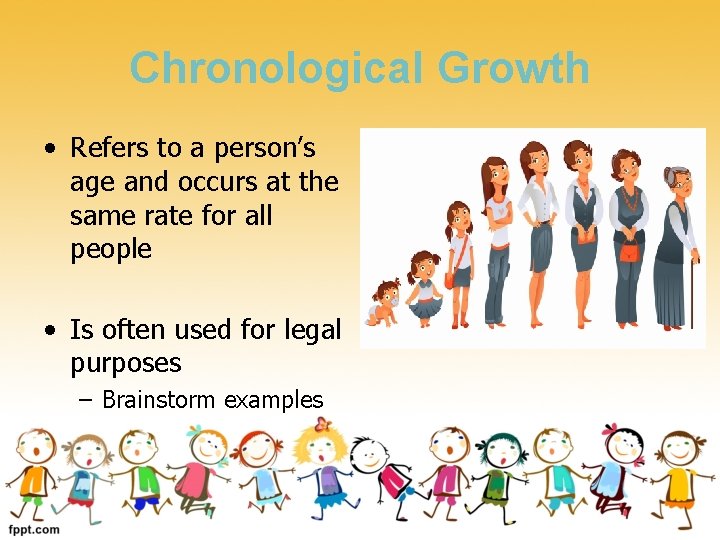 Chronological Growth • Refers to a person’s age and occurs at the same rate