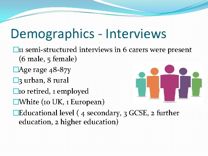 Demographics - Interviews � 11 semi-structured interviews in 6 carers were present (6 male,