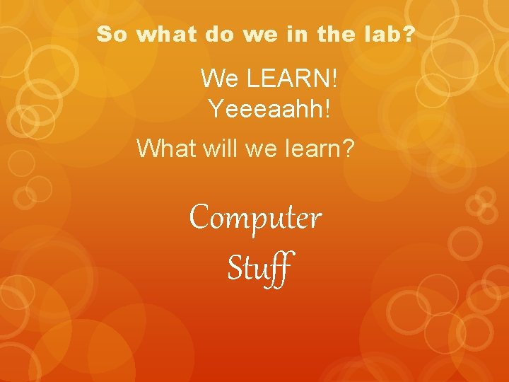 So what do we in the lab? We LEARN! Yeeeaahh! What will we learn?