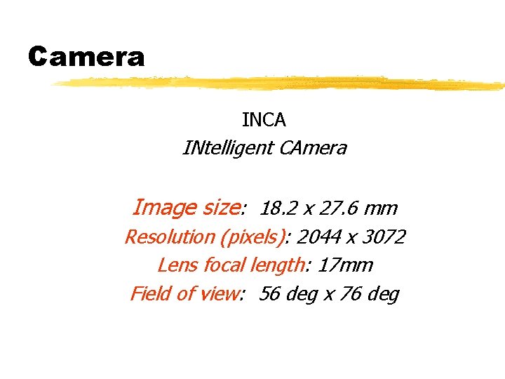 Camera INCA INtelligent CAmera Image size: 18. 2 x 27. 6 mm Resolution (pixels):
