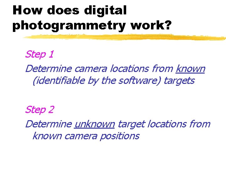 How does digital photogrammetry work? Step 1 Determine camera locations from known (identifiable by