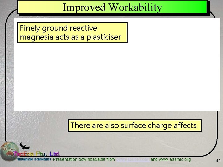 Improved Workability Finely ground reactive magnesia acts as a plasticiser There also surface charge