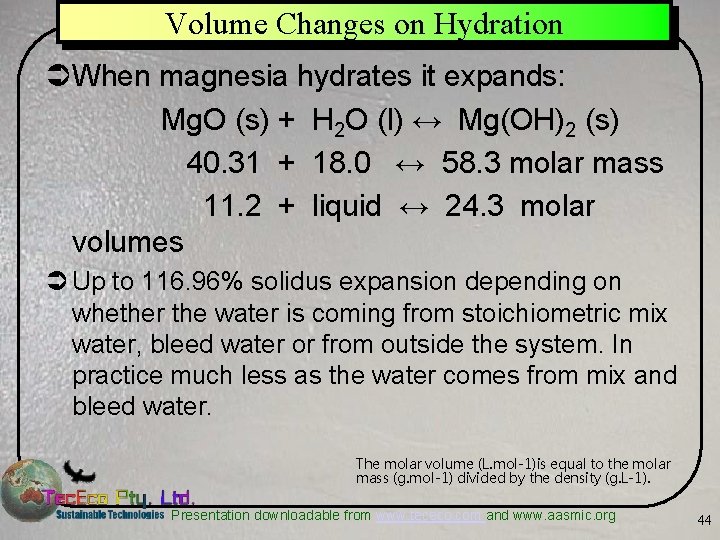 Volume Changes on Hydration ÜWhen magnesia hydrates it expands: Mg. O (s) + H