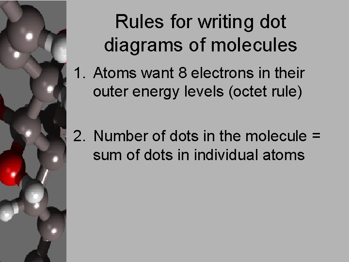 Rules for writing dot diagrams of molecules 1. Atoms want 8 electrons in their