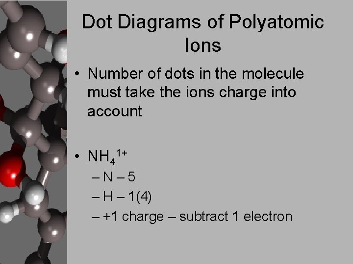 Dot Diagrams of Polyatomic Ions • Number of dots in the molecule must take