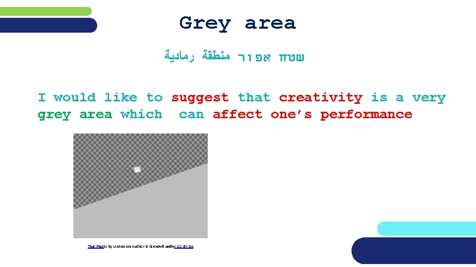 Grey area שטח אפור ﻣﻨﻄﻘﺔ ﺭﻣﺎﺩﻳﺔ I would like to suggest that creativity is