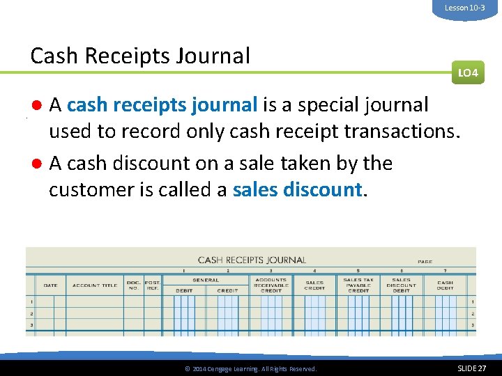 Lesson 10 -3 Cash Receipts Journal. LO 4 ● A cash receipts journal is