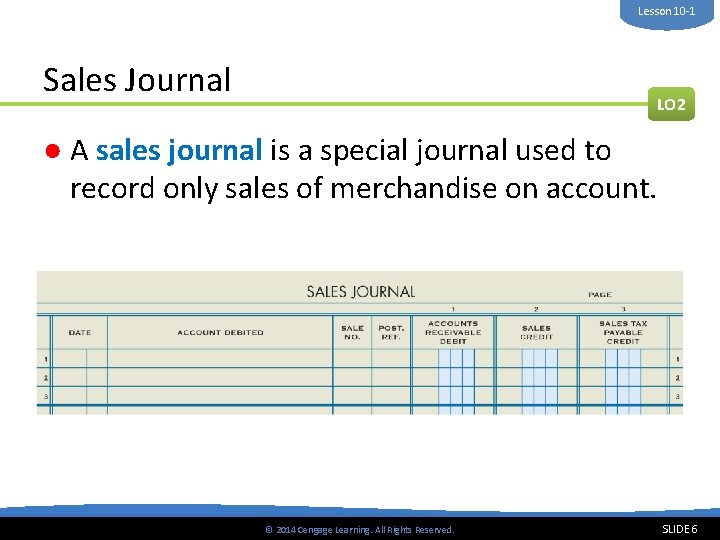 Lesson 10 -1 Sales Journal LO 2 ● A sales journal is a special