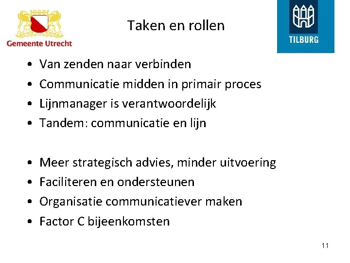 Taken en rollen • • Van zenden naar verbinden Communicatie midden in primair proces