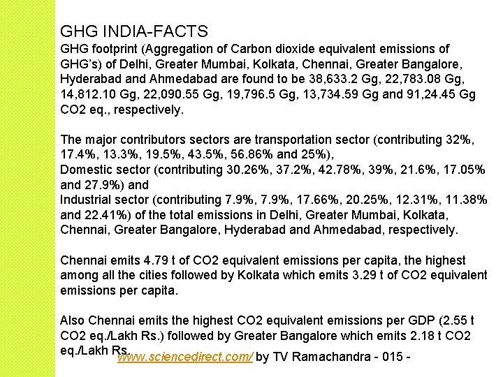 GHG INDIA-FACTS GHG footprint (Aggregation of Carbon dioxide equivalent emissions of GHG’s) of Delhi,