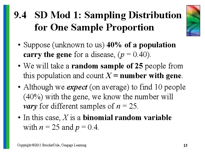 9. 4 SD Mod 1: Sampling Distribution for One Sample Proportion • Suppose (unknown