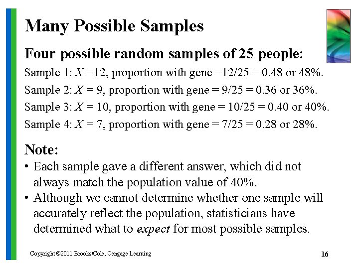 Many Possible Samples Four possible random samples of 25 people: Sample 1: X =12,