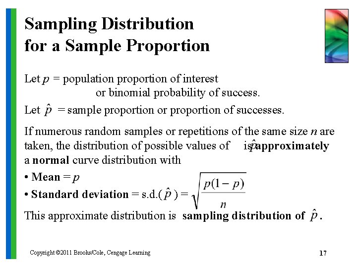 Sampling Distribution for a Sample Proportion Let p = population proportion of interest or