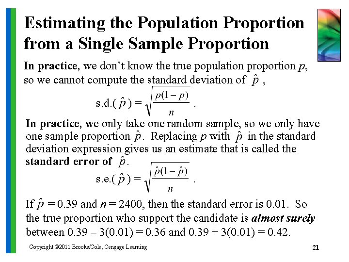 Estimating the Population Proportion from a Single Sample Proportion In practice, we don’t know