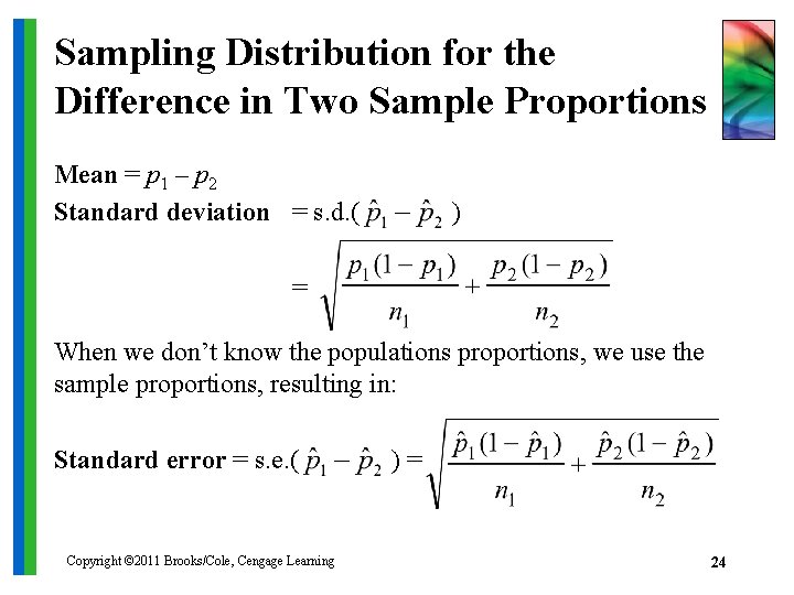 Sampling Distribution for the Difference in Two Sample Proportions Mean = p 1 –