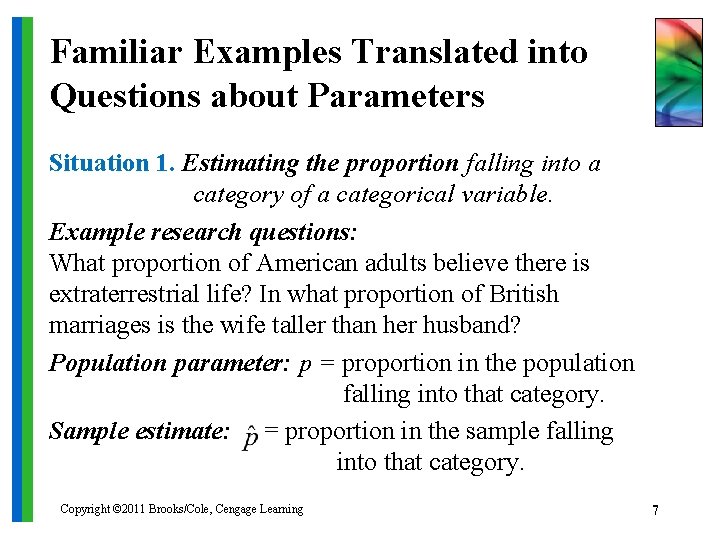 Familiar Examples Translated into Questions about Parameters Situation 1. Estimating the proportion falling into