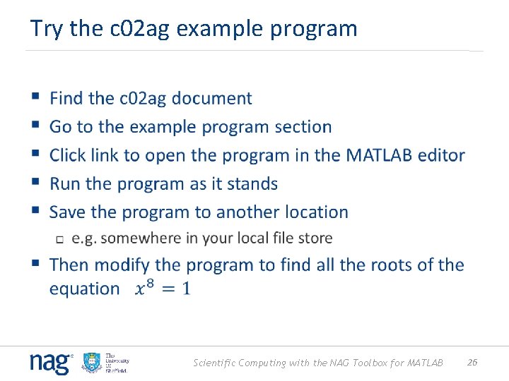 Try the c 02 ag example program § Scientific Computing with the NAG Toolbox