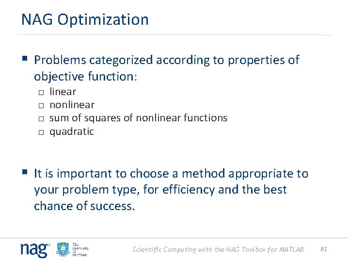 NAG Optimization § Problems categorized according to properties of objective function: linear nonlinear sum