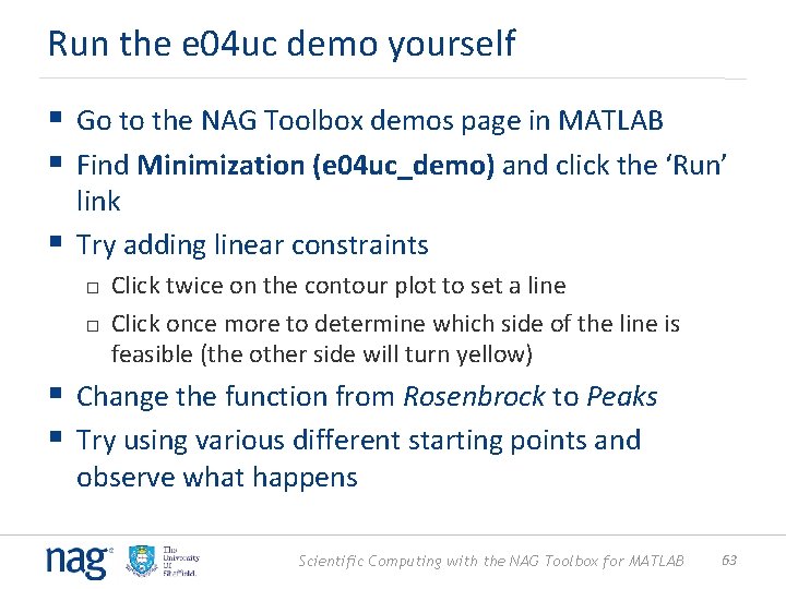 Run the e 04 uc demo yourself § Go to the NAG Toolbox demos