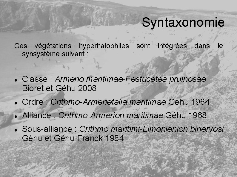 Syntaxonomie Ces végétations hyperhalophiles synsystème suivant : sont intégrées dans Classe : Armerio maritimae-Festucetea