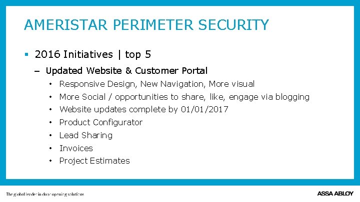 AMERISTAR PERIMETER SECURITY § 2016 Initiatives | top 5 – Updated Website & Customer