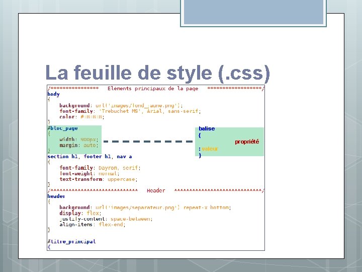 La feuille de style (. css) balise { propriété : valeur } La feuille de style (. css) balise { propriété : valeur }