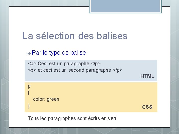 La sélection des balises Par le type de balise <p> Ceci est un paragraphe La sélection des balises Par le type de balise <p> Ceci est un paragraphe