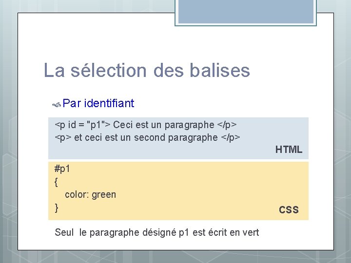 La sélection des balises Par identifiant <p id = "p 1"> Ceci est un La sélection des balises Par identifiant <p id = "p 1"> Ceci est un