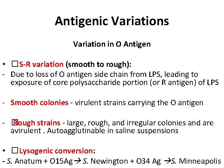 Antigenic Variations Variation in O Antigen • �S-R variation (smooth to rough): - Due