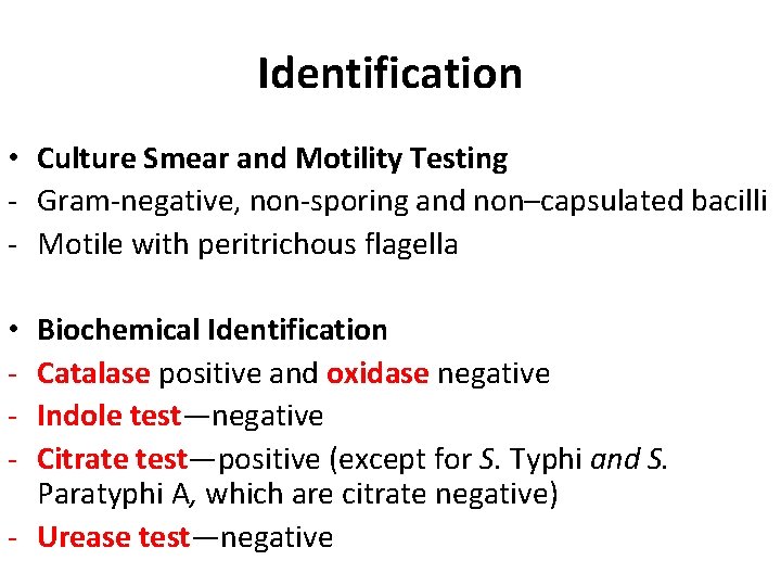 Identification • Culture Smear and Motility Testing - Gram-negative, non-sporing and non–capsulated bacilli -