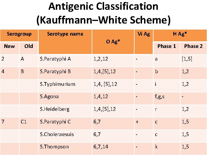 Antigenic Classification (Kauffmann–White Scheme) Serogroup New Serotype name Vi Ag H Ag* Old Phase