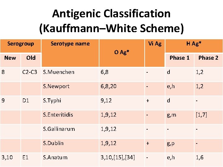 Antigenic Classification (Kauffmann–White Scheme) Serogroup New 8 9 3, 10 Serotype name Vi Ag