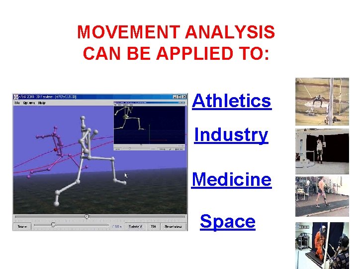 MOVEMENT ANALYSIS CAN BE APPLIED TO: Athletics Industry Medicine Space 