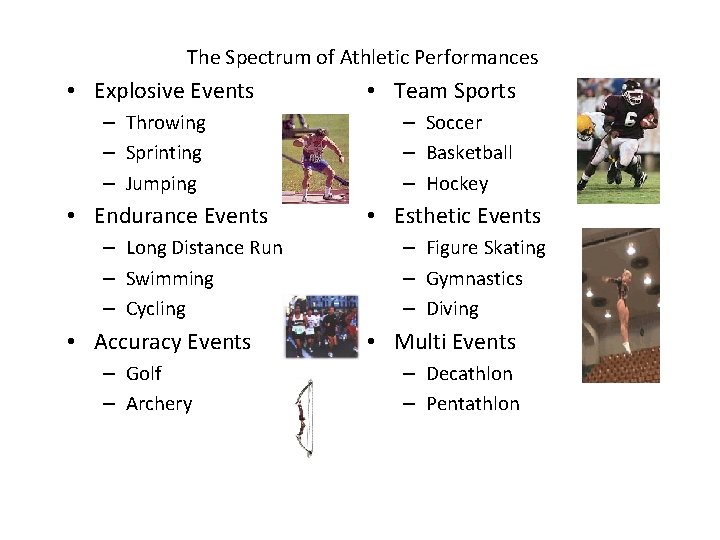 The Spectrum of Athletic Performances • Explosive Events – Throwing – Sprinting – Jumping